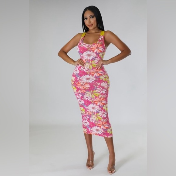 Pink Floral Cut Out Yellow Self Tie Back Closure Midi Dress - Picture 1 of 15